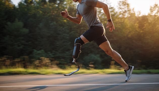 A man with a prosthetic leg runs on a road, demonstrating athleticism and perseverance.