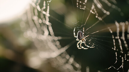 lemuria. A spider mending its intricate web with glistening threads in morning light. wildlife magazines, conservation campaigns, designed for eco-tourism storytelling, used by motion designers.