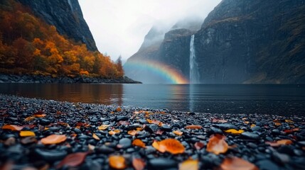 A scenic landscape featuring a waterfall, lake, and a rainbow. The foreground is filled with rocks and fallen leaves, with mountains in the background.