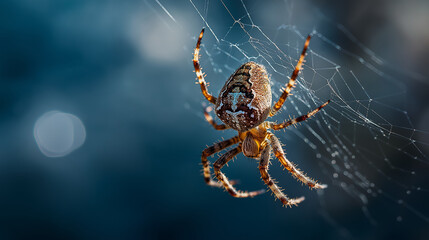 lemuria. A spider mending its intricate web with glistening threads in morning light. wildlife magazines, conservation campaigns, designed for eco-tourism storytelling, used by motion designers.