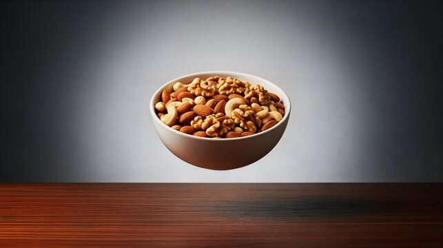Bowl of mixed nuts floating on wooden table with dark background  