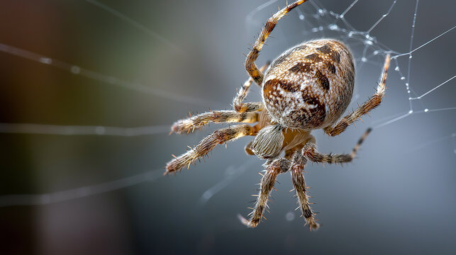 lemuria. A spider mending its intricate web with glistening threads in morning light. wildlife magazines, conservation campaigns, designed for eco-tourism storytelling, used by motion designers.