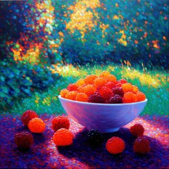 A bowl of vibrant red and orange raspberries sits on a table outdoors, with some berries scattered around. The background is a colorful, impressionistic view of