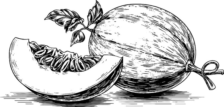 Engraved decorative illustration of a sliced melon with seeds for retro design