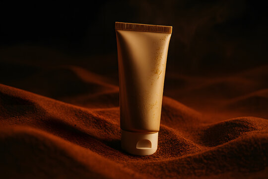 Close up of a cream tube on a textured red fabric background - Powered by Adobe
