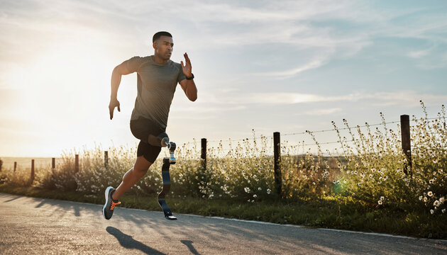 A determined athlete with a prosthetic leg sprints along a paved road, showcasing resilience and athleticism.