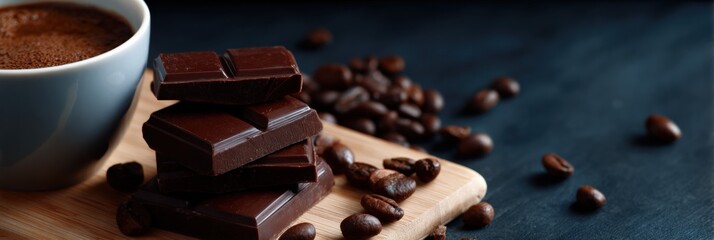 Dark chocolate and coffee beans on wooden board with cup of coffee close-up