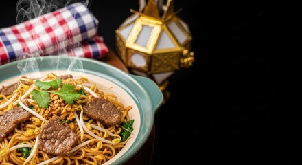 Savory Cambodian Lort Cha &ndash; Stir-Fried Short Rice Noodles with Beef & Bean Sprouts | Urban Phnom Penh Food Photography with Krama & Street Lantern