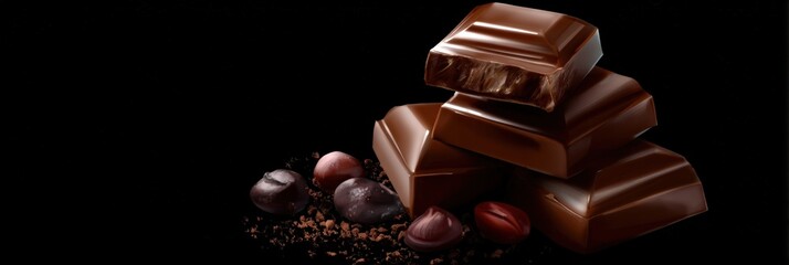 Delicious dark chocolate bars and cocoa beans display against black background