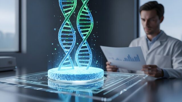 A scientist examines data while a holographic DNA projection glows in a modern lab. - Powered by Adobe