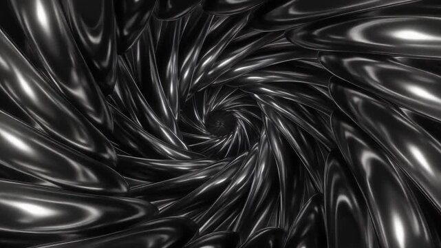 Mesmerizing 3d visualization of complex fractal spiral pattern continuously zooming in and slowly rotating, endless polished black and chrome background loop.
