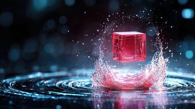 A red cube levitates in a splash of water, creating a dynamic visual with a blurred, abstract background.