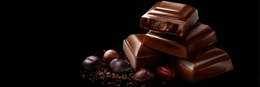 Delicious dark chocolate bars and cocoa beans display against black background