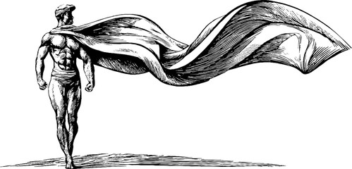 Engraved allegorical figure in flowing cape - retro artistic design for posters or cards