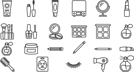 Obraz premium Beauty and Cosmetics Outline Icon Set Makeup, Skincare, Lipstick, Perfume, Hair Care, Nails, and Personal Grooming Symbol Collection
