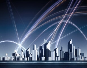 Futuristic city skyline with light streaks at night
