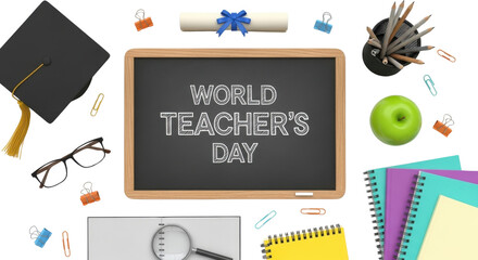 "World Teacher's Day" Blackboard Flat Lay Composition with Graduation Cap and School Supplies Illustration