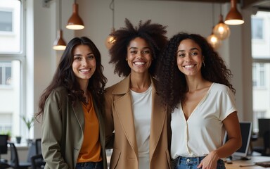 Happy diverse business team standing in office looking at camera. High quality