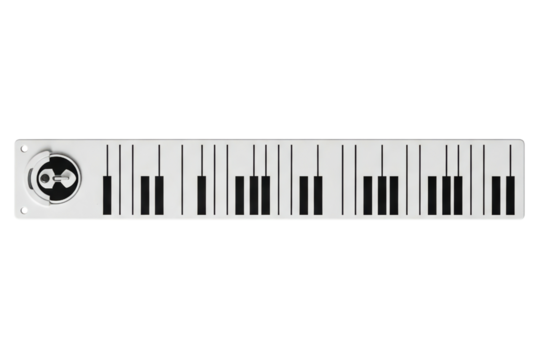 Long white rectangular piano keyboard strip with black keys isolated on a transparent background