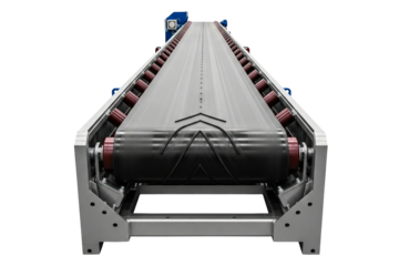 Industrial conveyor belt system for an automated assembly line isolated on a transparent background
