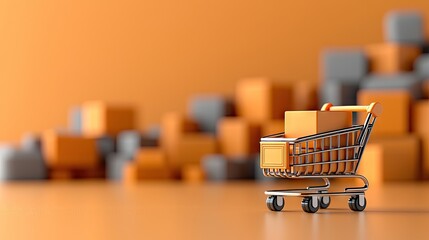 A shopping cart with a box inside, set against an orange background with blurred boxes. Studio shot.