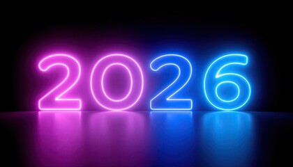 Neon 2026 numbers glowing blue and pink on black