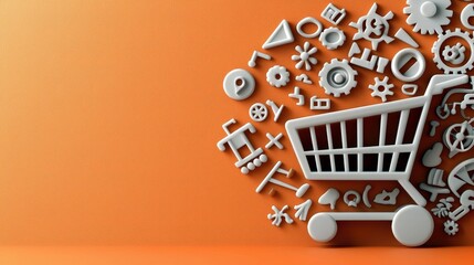 A 3D rendering of a shopping cart surrounded by various icons on an orange background, representing shopping and e-commerce.