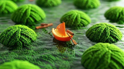 Orange slice boat floating on green textured surface in water  