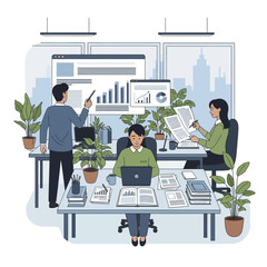 Team Collaboration in Modern Office Analyzing Data and Documents.