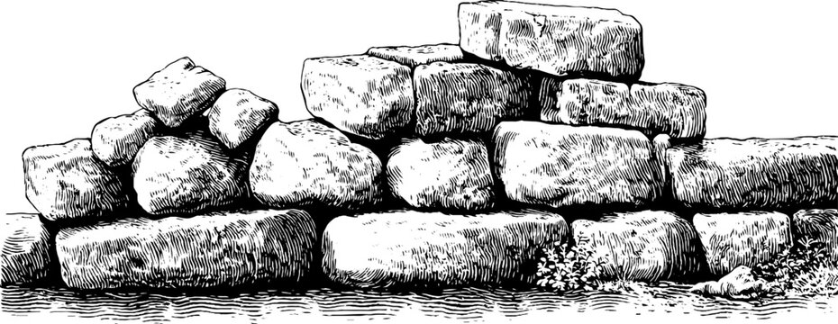 Engraved decorative illustration of ancient stone granary for historical art themes