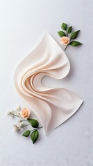A studio shot of a piece of silk fabric with flowers and leaves arranged on a white background. The fabric is draped and flowing, with a soft, elegant appearanc