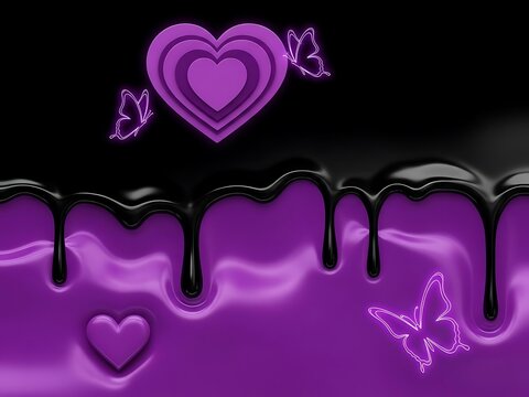 Purple hearts with butterflies and dripping liquid on black background
