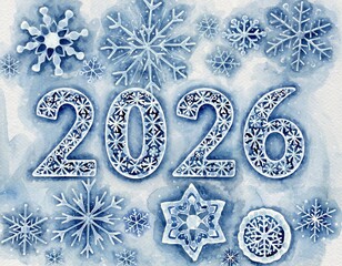 Snowflake patterned 2026 on white blue winter background