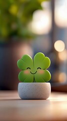 A cute, smiling four-leaf clover in a small pot sits on a wooden table, with soft, natural lighting.