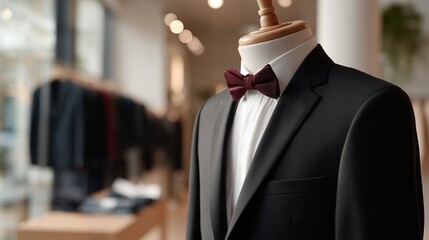 Elegant black suit on display with a bow tie in a tailored clothing store setting
