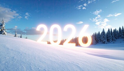 Glowing 2026 text over a snowy landscape in winter