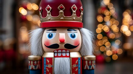 Nutcracker soldier decoration standing against christmas bokeh lights