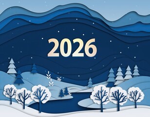Winter landscape scene with year 2026 in gold