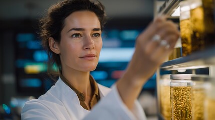 A microbiologist examining bubbling fermentation cultures in a transparent bioreactor, colorful LED indicators tracking temperature, pH, and microbial activity — biotech fermentation process,