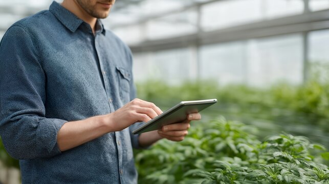 An automated greenhouse control center showing humidity, light cycles, and nutrient levels on a sleek tablet as plants thrive beneath LED arrays — smart agriculture, climate control, and
