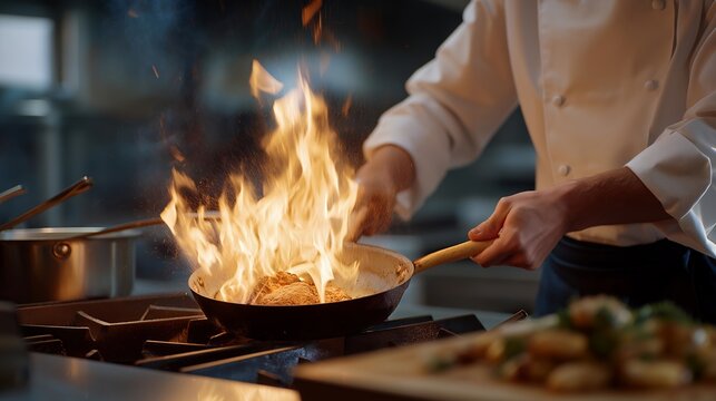 A chef racing against a kitchen timer in a culinary challenge, flames rising from a pan as ingredients fly across the cutting board — high-pressure creativity and competitive cooking energy.