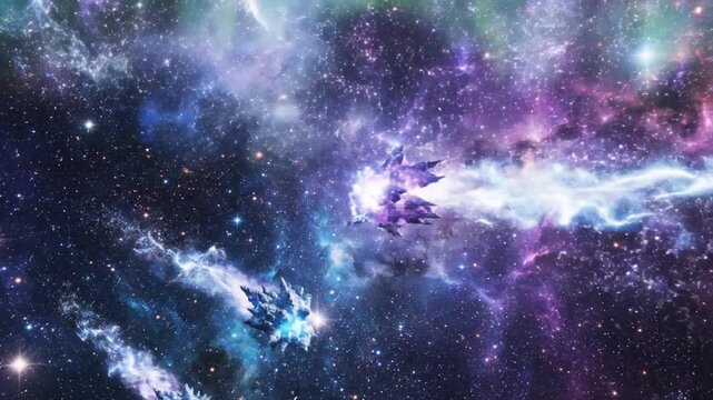 Cosmic scene featuring celestial bodies and vibrant nebulae with stellar light and space