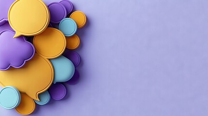 A colorful composition of speech bubbles in various shapes and colors against a purple background, with copy space.
