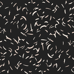 Elegant seamless vector pattern with soft beige abstract strokes scattered on a deep black background. Modern, minimal texture perfect for textiles, packaging, branding and decor