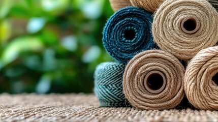 Close-up of several spools of twine in various colors, stacked on a burlap surface with a blurred green foliage background.