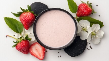 Overhead shot of a strawberry smoothie in a black bowl surrounded by fresh strawberries, white flowers, leaves, and black stones on a white background.