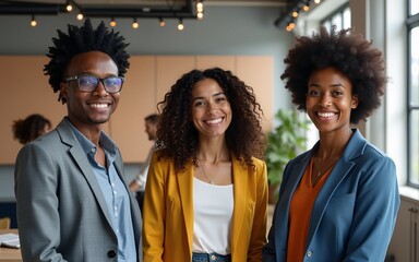 Happy diverse business team standing in office looking at camera. High quality