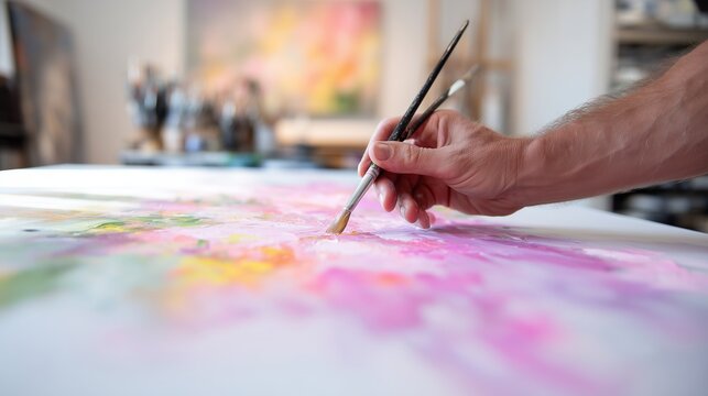 Artist working on a vibrant painting in a bright studio filled with creativity and color - Powered by Adobe