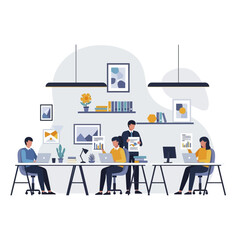 Team members collaborating on a project in a modern office environment.