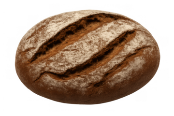 Delicious rustic dark rye bread loaf with flour dusting and scoring on a transparent background